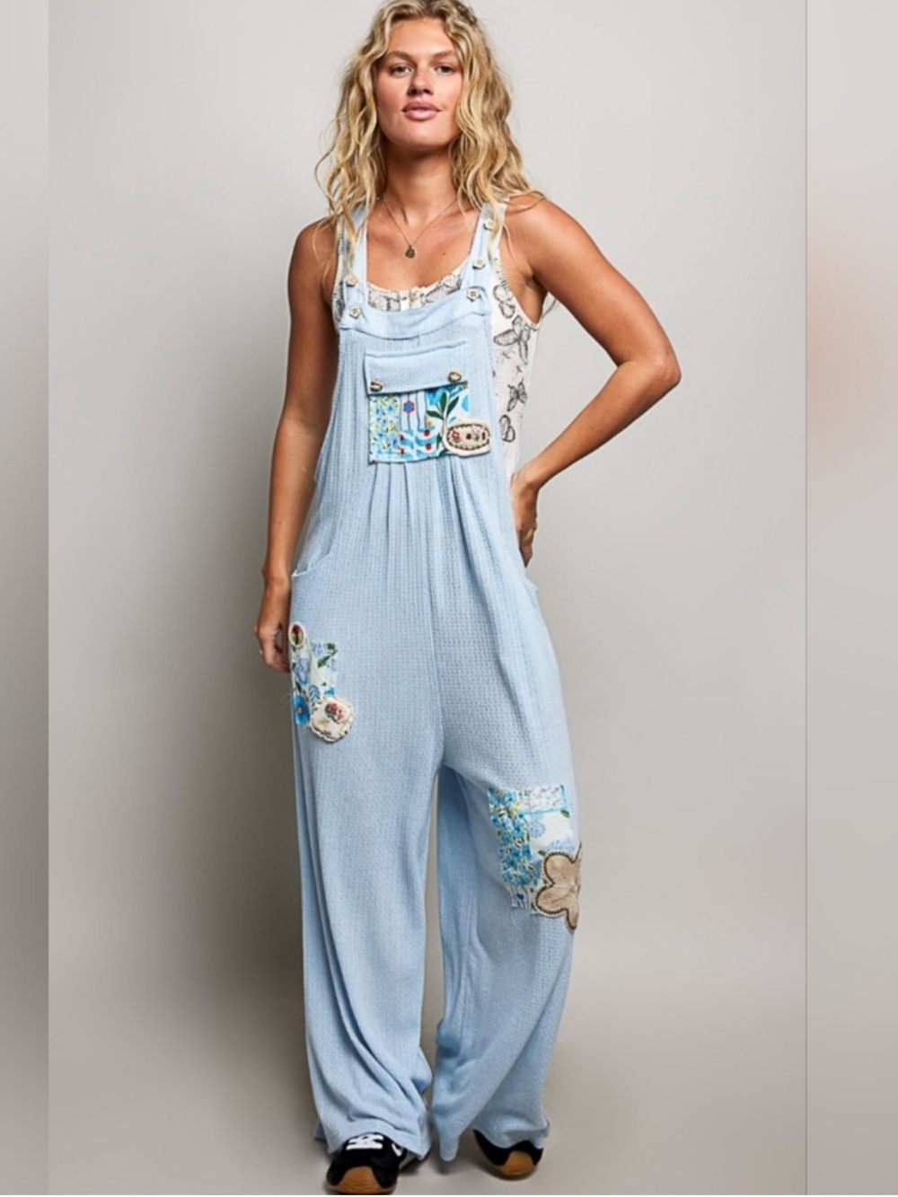 New: POL “Sky Bloom” Boho Mixed Patchwork Waffle Knit Wide Leg Overalls• Medium